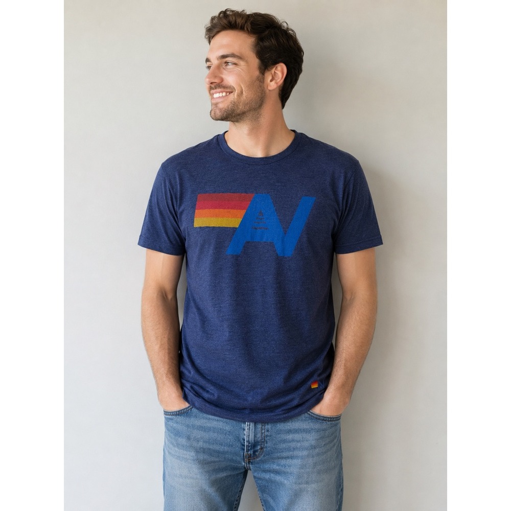 Aviator Nation Mens Logo T-Shirt Navy Blue Retro Rainbow Stripe Size Large L